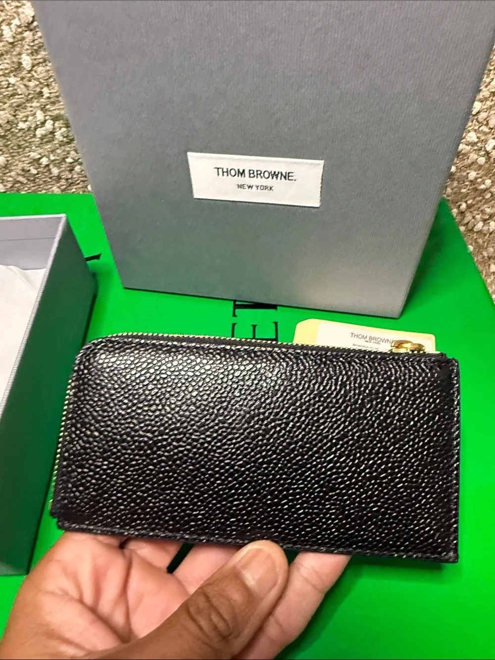Thom Browne Black Leather Card Case with Red White Navy Stripe
